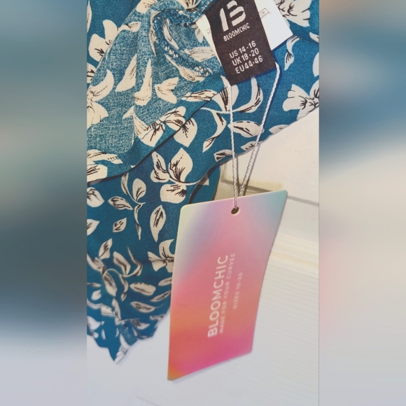 BloomChic Ditsy Floral Ruffles Raglan Sleeve Contrast Lace Blouse-Teal Sz 14-16 - Picture 4 of 5